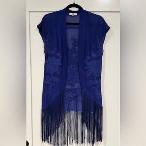 Blue Sheer Top with Fringe and Embroidery